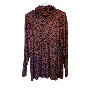 AVA & VIV Womens 1X Brown Black Leopard Print Long Sleeve Turtleneck Top